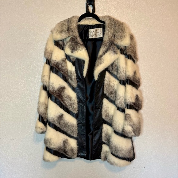 Vintage Smith Fine Furs Fur & Leather Coat Vintage 60s/70s Black White Medium - Picture 14 of 14